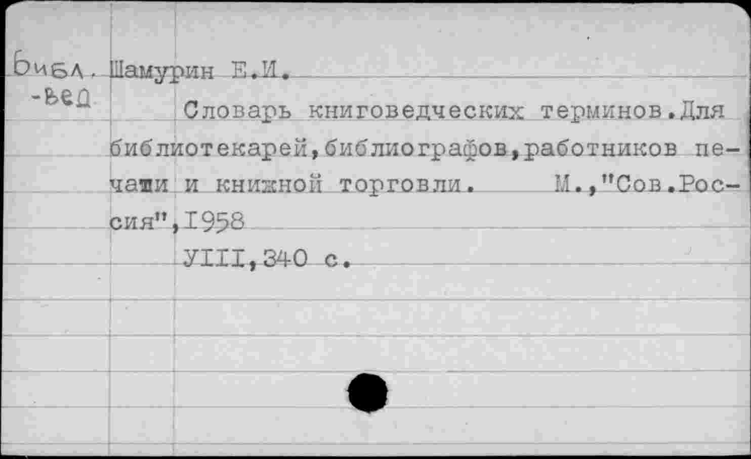 ﻿.библ .	Цамурин Е.И.	_	_				 _
	Словарь книговедческих терминов.Для библиотекарей,библиографов,работников пе-чаши и книжной торговли.	М.,"Сов.Рос-
	сия",1958
	УШ, 340 с.
	
	
	1
	
	